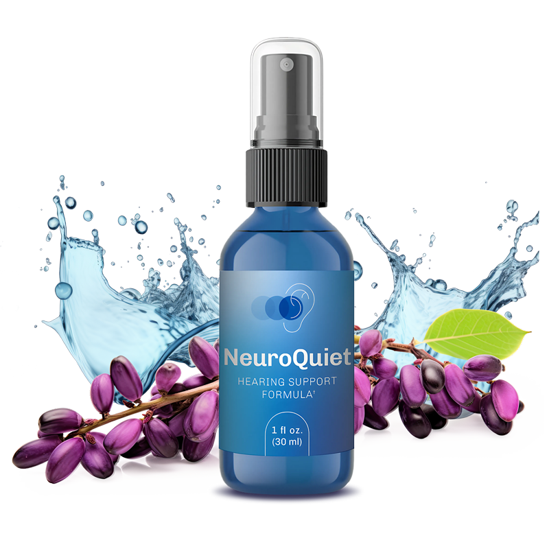One bottle of neuroquiet with decoration and the words hearing support formula 1 fl oz. (30 ml)